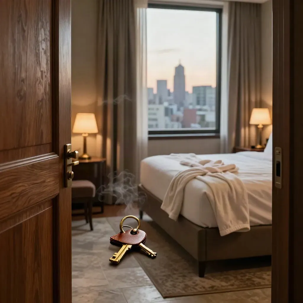 Hotel room with suite key, tray, robe, lamp glow, and city view