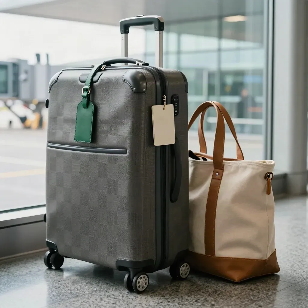 Carry-on suitcase, passport sleeve and travel tote waiting beside a blurred departure lounge window.