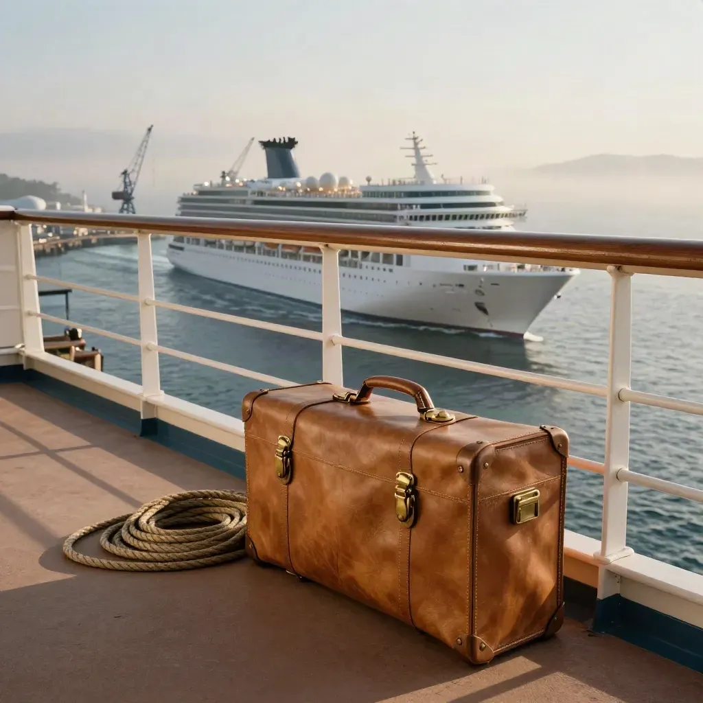 Cruise ship departing harbor beside a balcony rail, leather travel case and coiled rope in dawn mist.