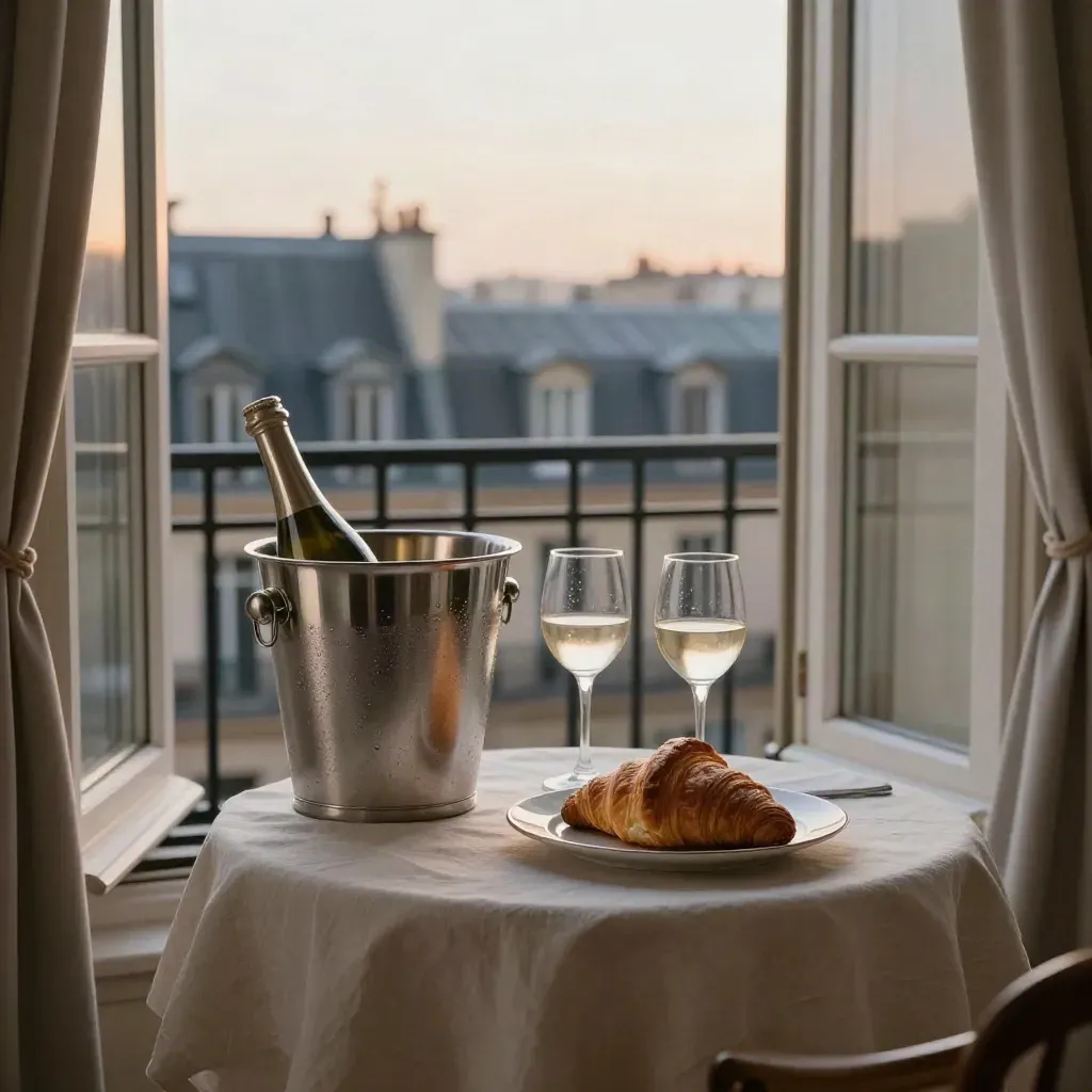 Paris honeymoon breakfast tray by open balcony doors with rooftops beyond