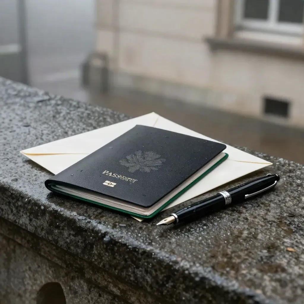 Visa documents and passport accessories on a rain-darkened stone ledge