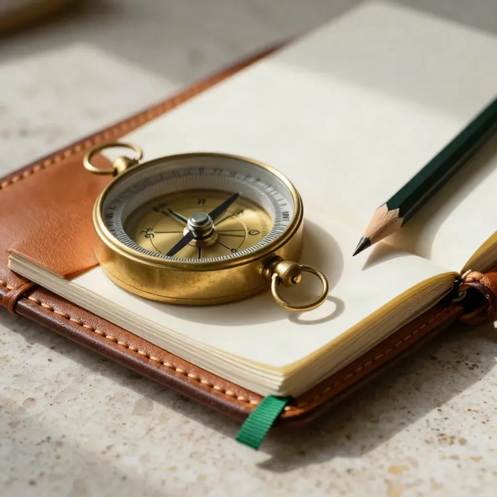 Macro travel still life with brass compass, leather passport sleeve and pencil on travertine.