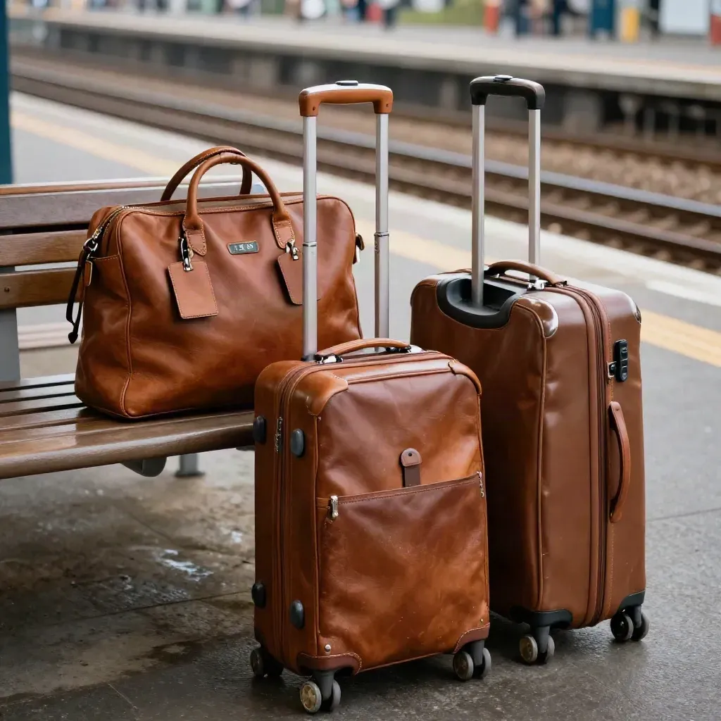 Travel bags, hotel key sleeves, and rail cards arranged beside a station bench at dusk.