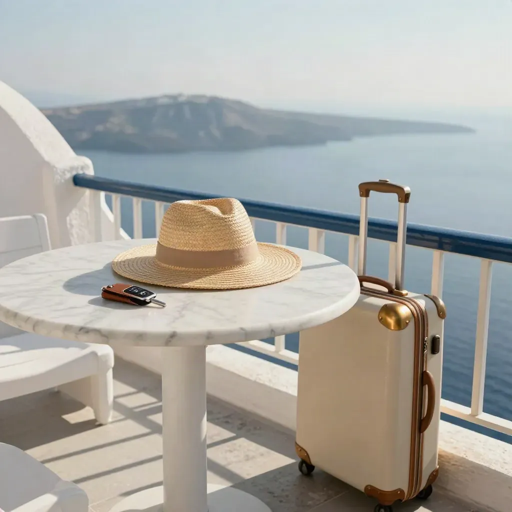 Balcony table with cruise key sleeve, straw hat, and suitcase facing a calm Aegean sea