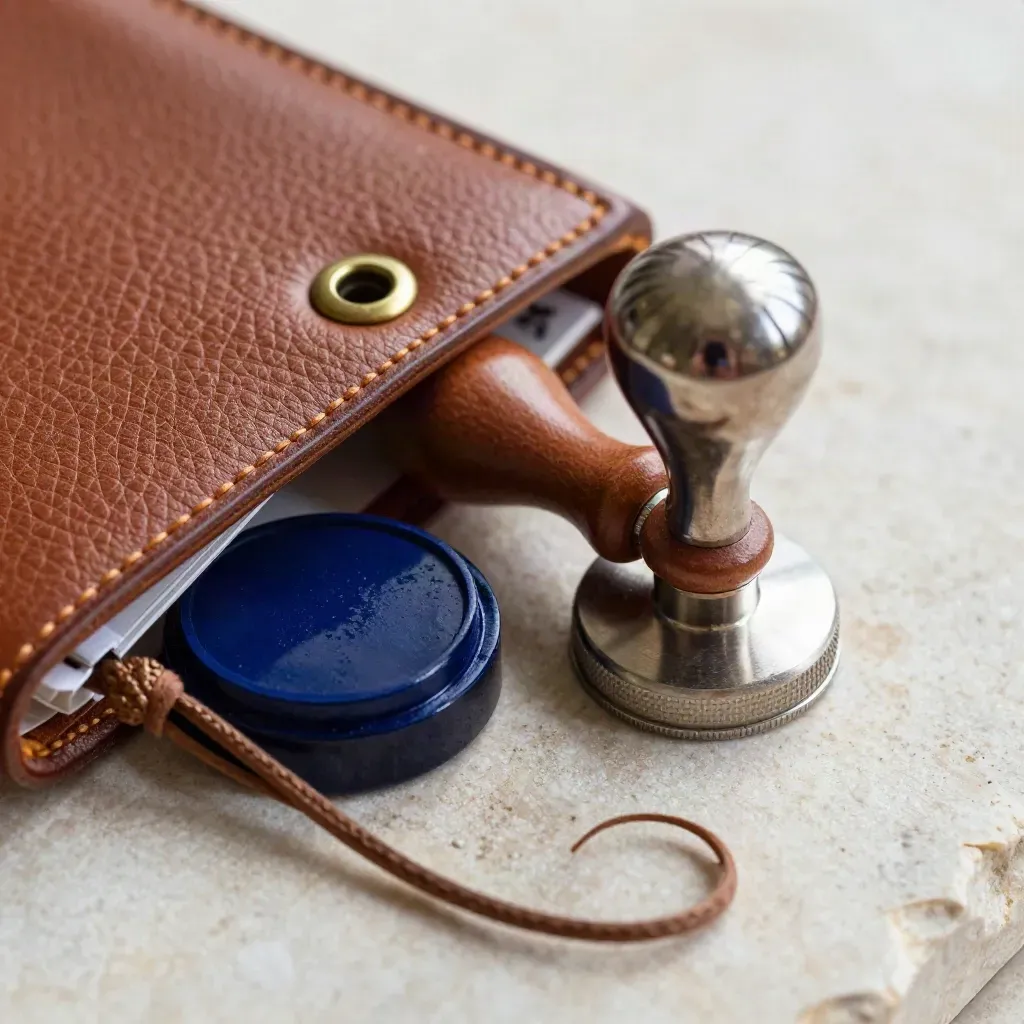 Macro travel verification kit: passport cover, baggage tag loop, stamp pad and seal press on stone.