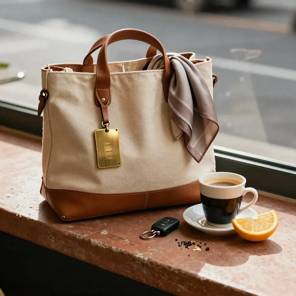 Travel kit with espresso, keys, scarf, transit tokens, citrus and tote on a café ledge.