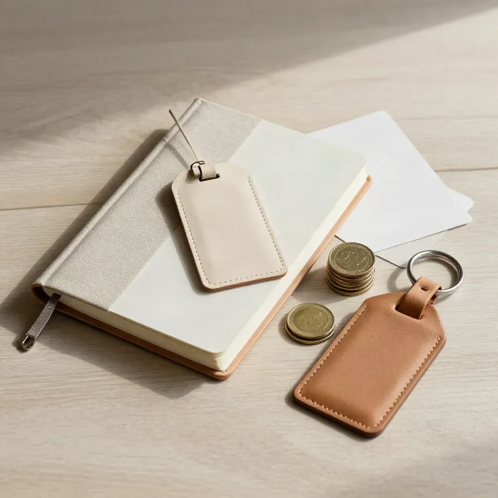 Top-down travel planning still life with notebook, luggage tag, coins, and key sleeve on pale wood.