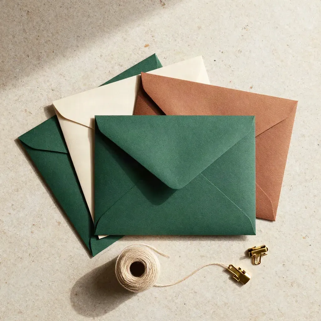 Overhead flatlay of travel envelopes, route string spool, and brass clips on pale stone.