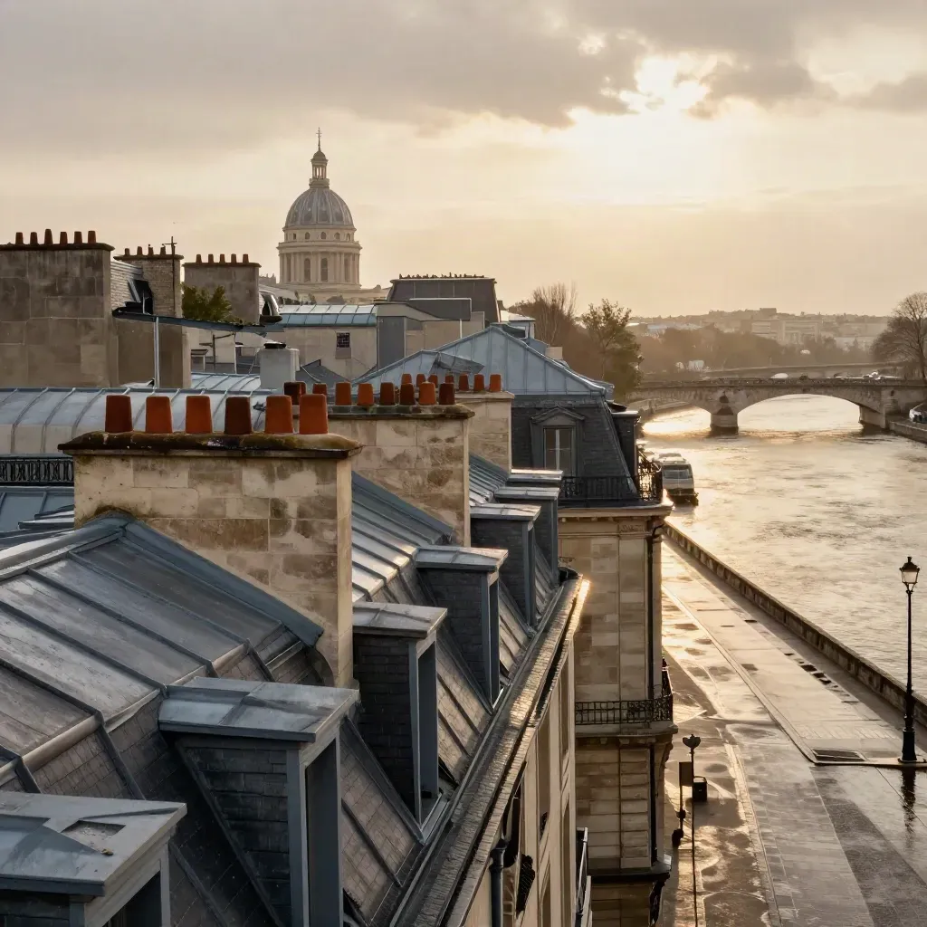 Paris rooftops and the Seine glowing at sunset with a distant dome above calm haze.