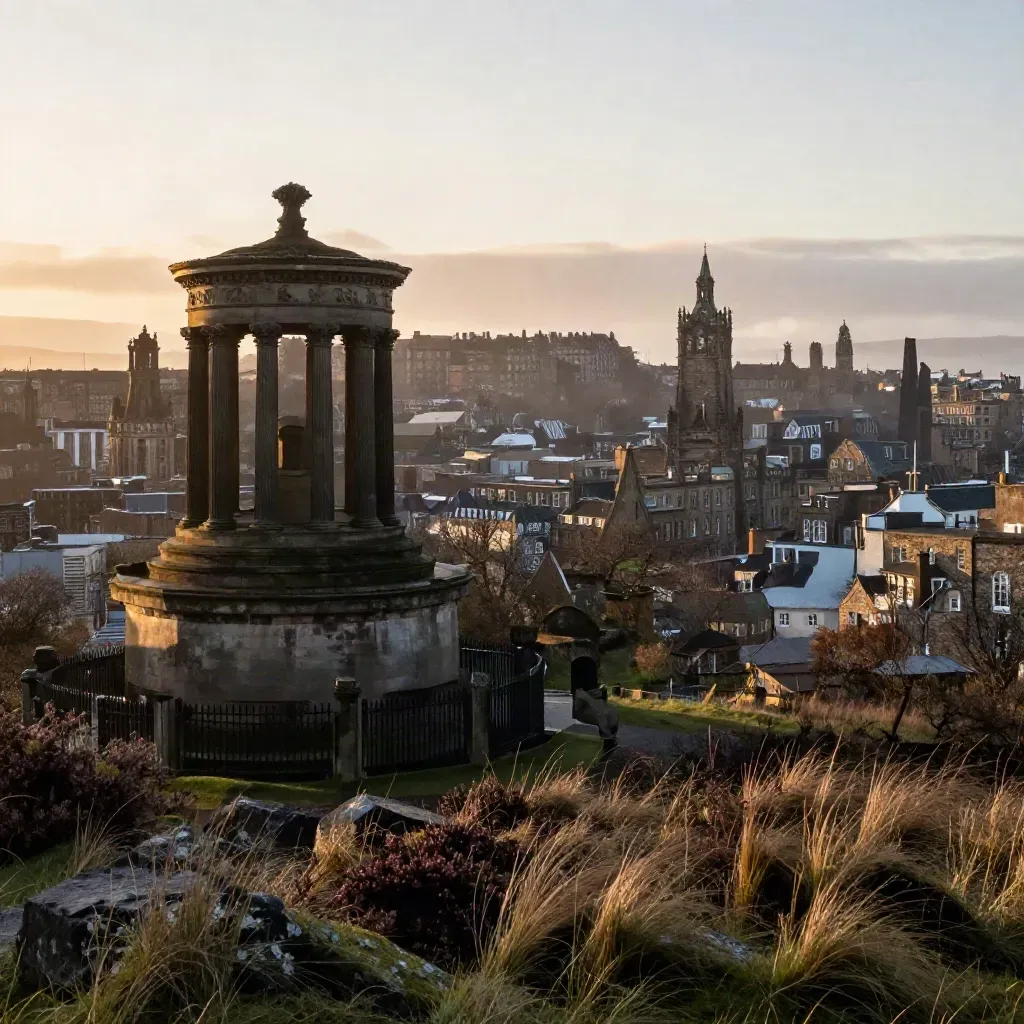 Edinburgh skyline and castle ridge at sunrise above misty Calton Hill.