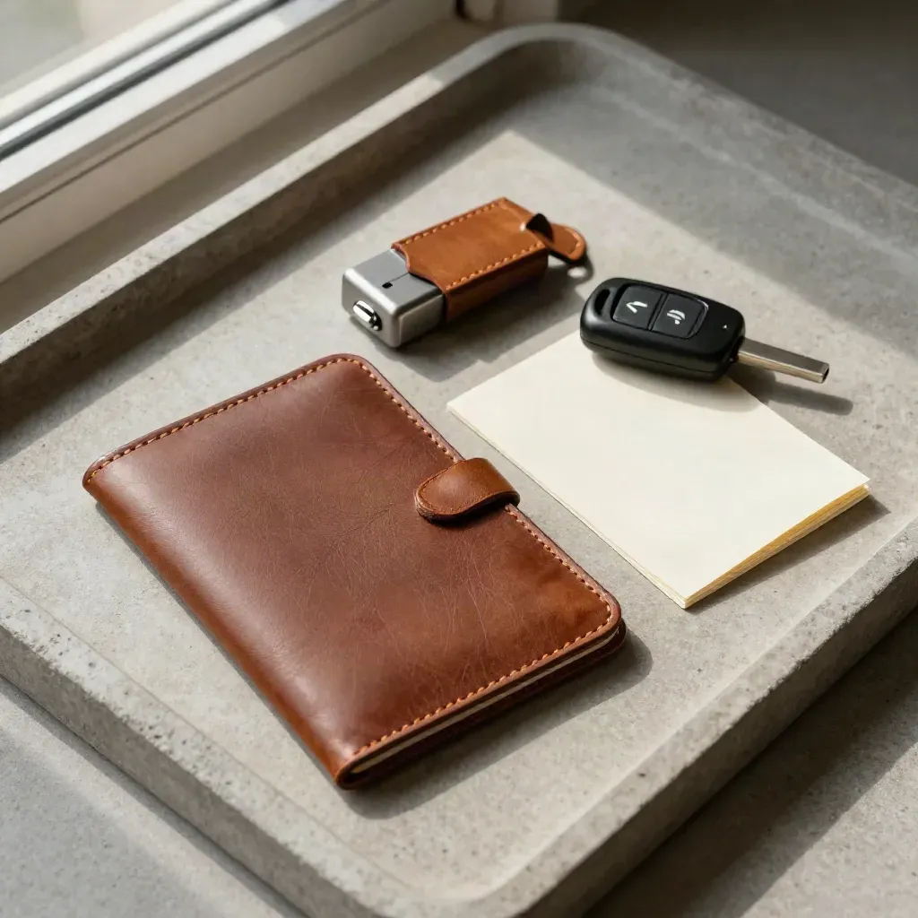 Travel sleeve, charger, luggage tag and car key on a stone tray in soft window light.