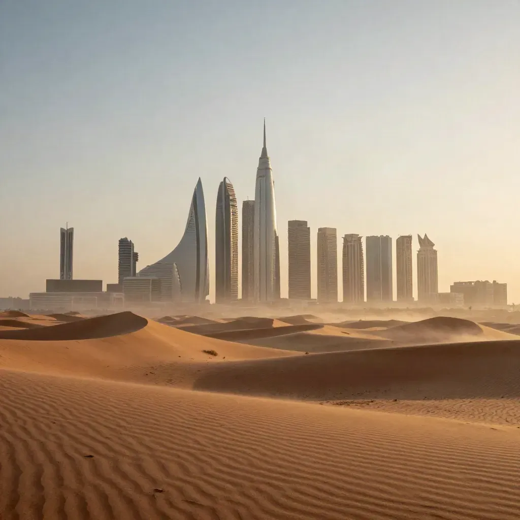 Dubai towers above sunlit dunes in a hazy sunrise desert vista