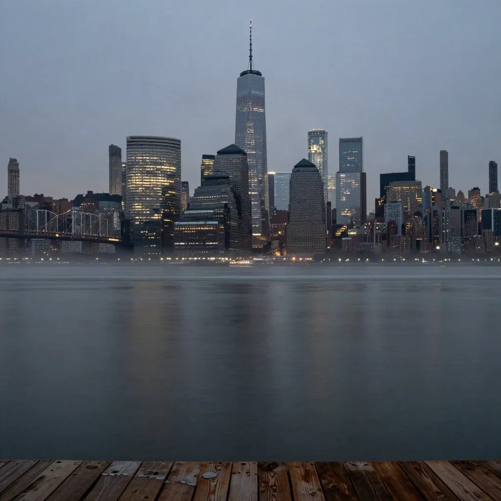 Manhattan skyline glowing through haze above calm Brooklyn waterfront at blue hour.