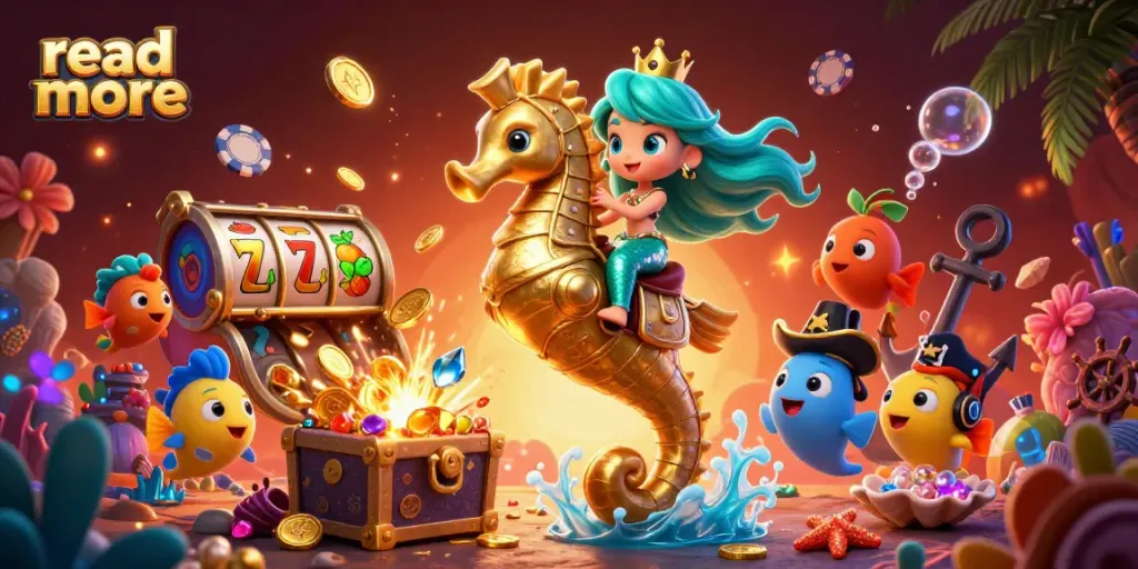 Experience the magic and thrill of online gaming with 'read more' in this vibrant casino-themed illustration.