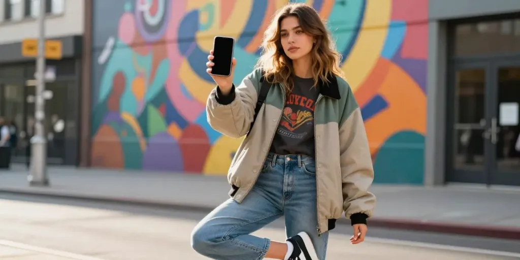 Chloe Sunderland showcasing urban fashion style in vibrant city setting