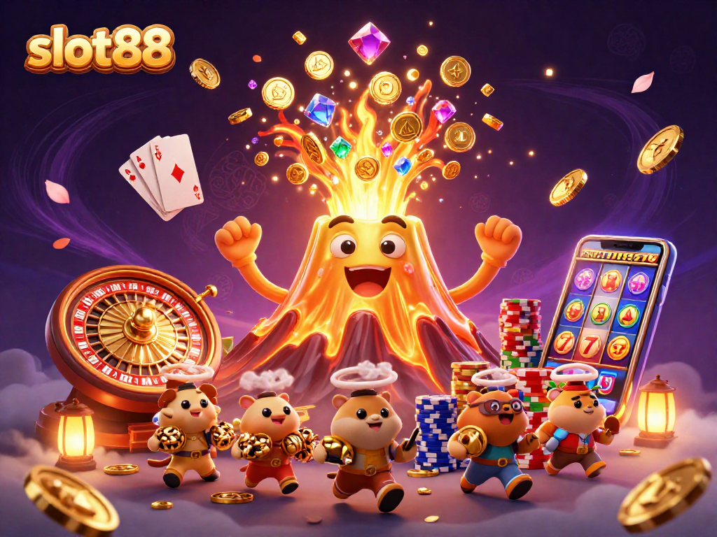 Engage in slots at slot88 with a golden volcano erupting jewels and explorers amidst dynamic casino elements.