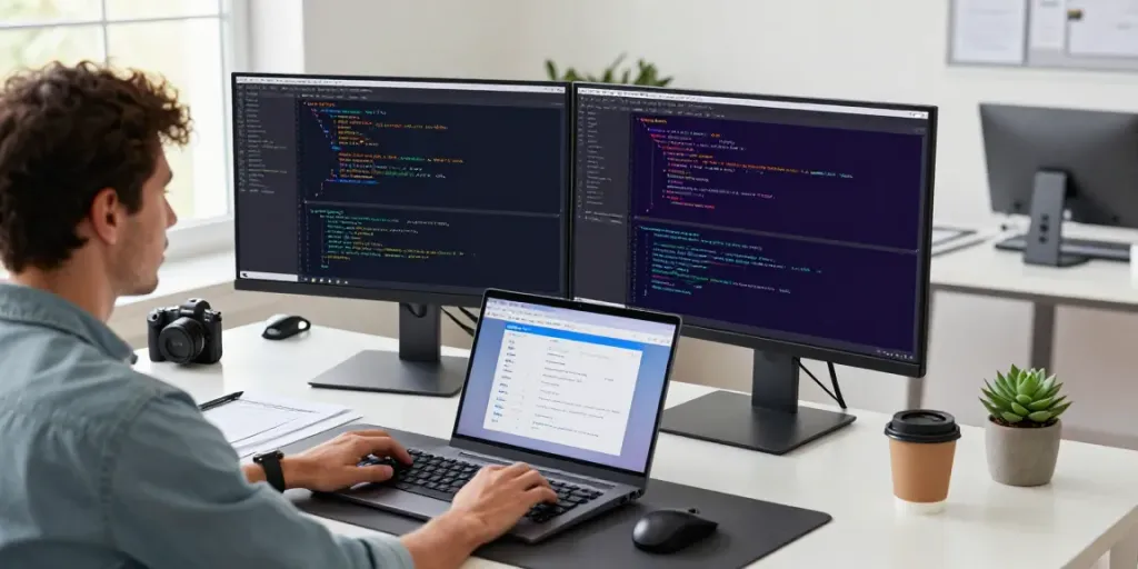 Developer using notepad code editor at a modern workspace