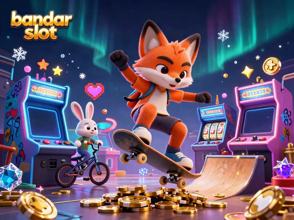 Experience excitement with bandar slot amid colorful arcade machines and dynamic characters.