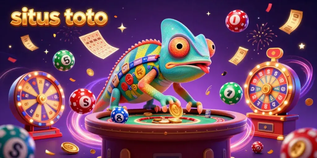 Experience excitement at situs toto with a vibrant 3D scene of a colorful chameleon casino owner amidst lottery fun.