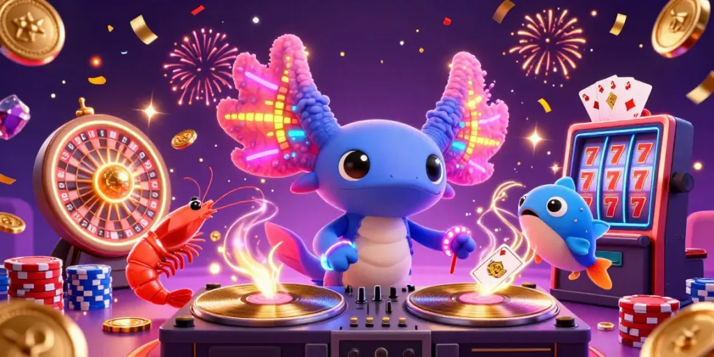 Experience gaming excitement with sumseltoto in this colorful 3D illustration featuring lively casino elements.
