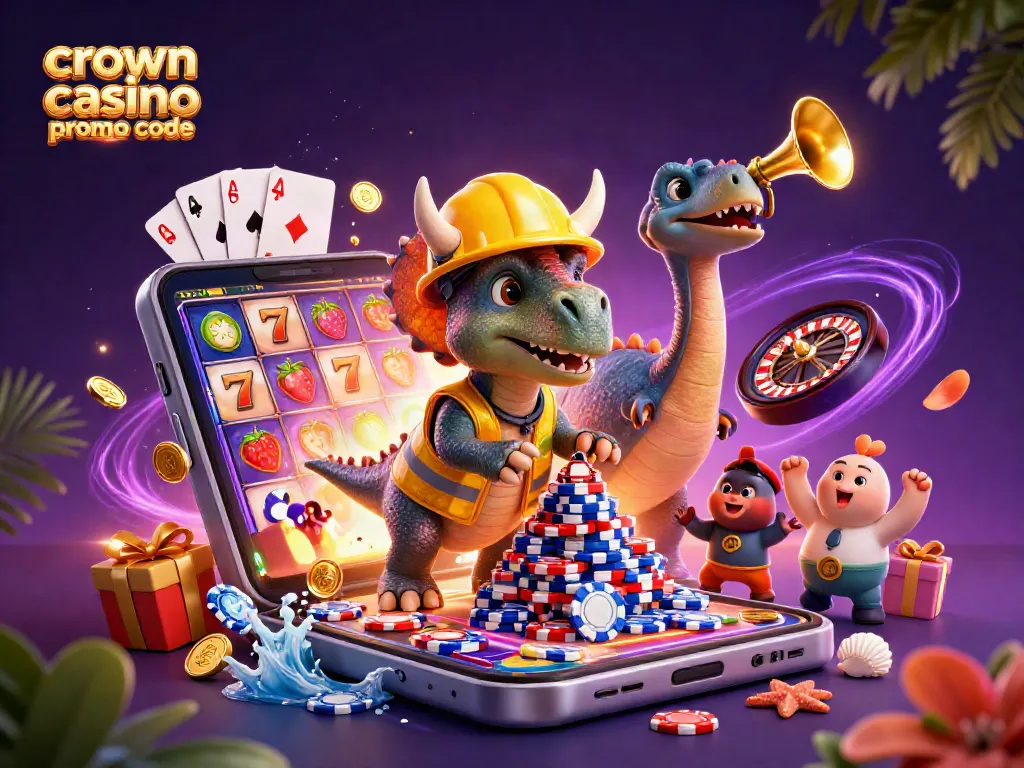 Win big at Crown Coins Casino with this exciting scene featuring fun characters and vibrant gambling elements.