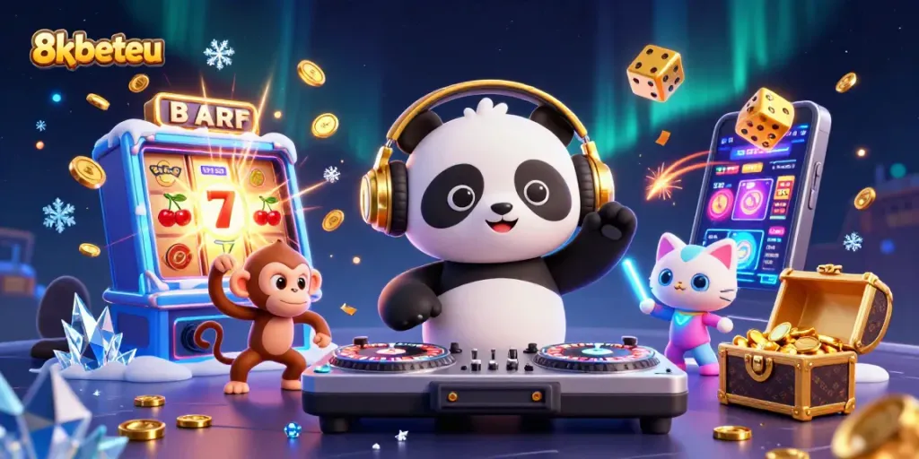 Experience the thrill with 8xbeteu, featuring a DJ panda and dancing characters in a vibrant casino scene.