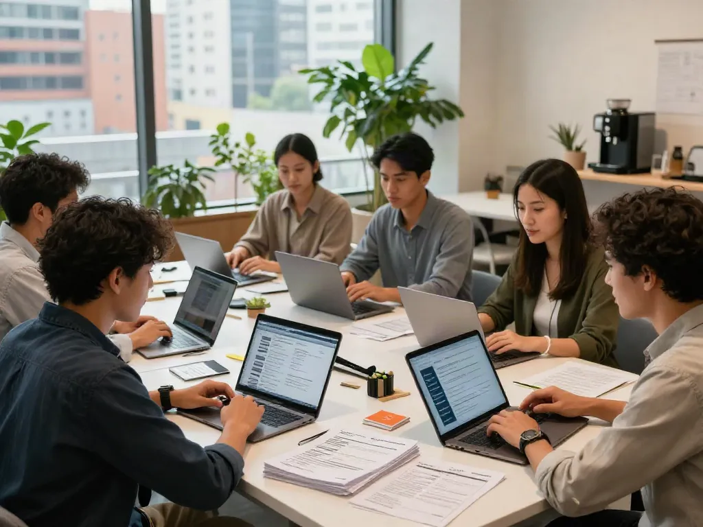 Group of professionals collaborating on job applications while หางาน in a modern workspace.