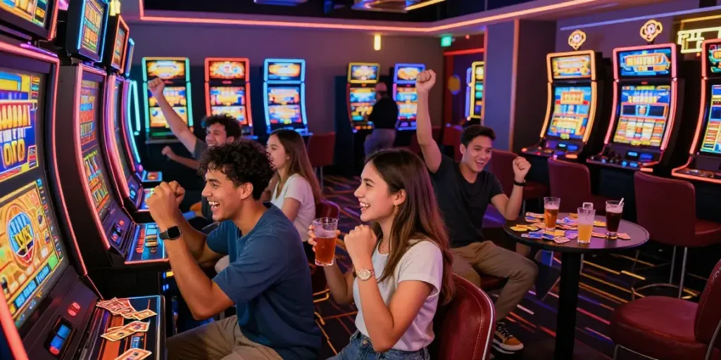 Pengunjung merayakan kemenangan di ruang permainan toto slot yang cerah dan meriah.