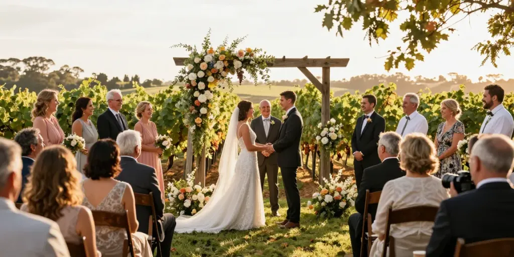 Emotional moment captured by a professional wedding photographer Hunter Valley during an intimate vineyard ceremony.