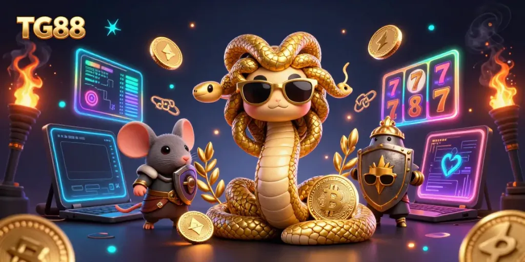 Engage in gaming excitement with TG88's vibrant 3D illustration of fun casino elements and characters.