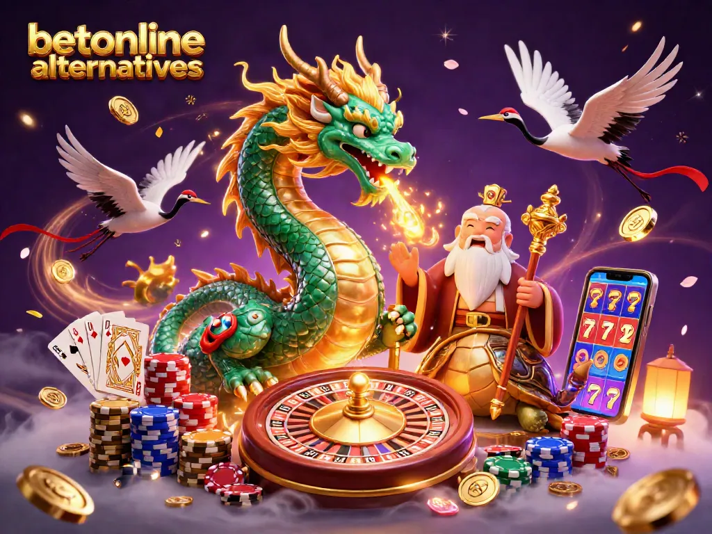 Experience betonline alternatives with a vivid 3D illustration showcasing a dragon, turtle, and cranes amidst casino elements.