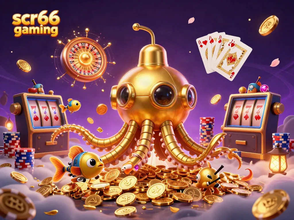 Experience scr66 gaming with a vibrant 3D scene of a kraken submarine amidst cascading coins and roulette wheels.