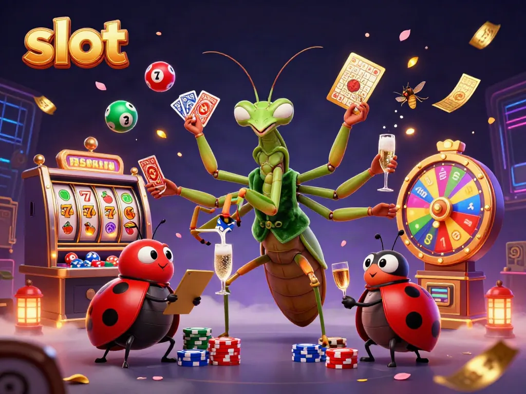 Menang besar di slot dengan karakter unik di kasino, tampilan penuh warna dan energik.