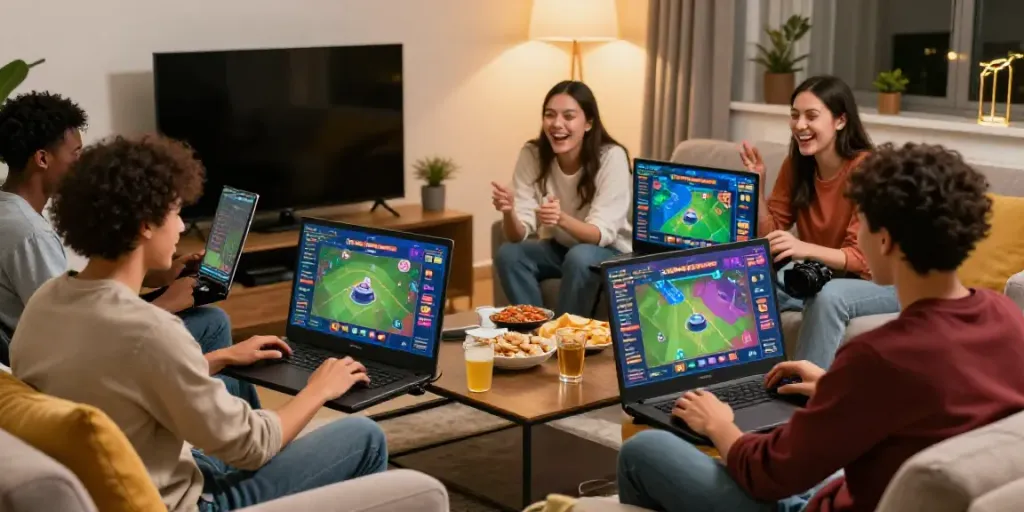 Friends enjoying a togel online gaming session in a cozy living room.