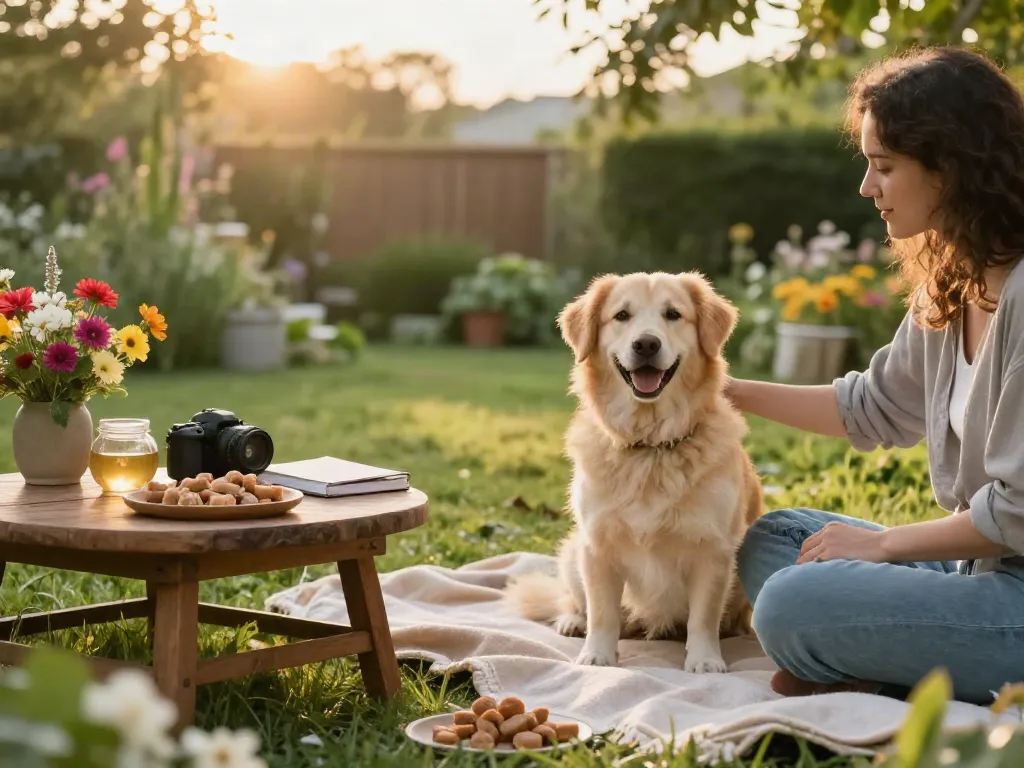 Calming Dog Treats enhancing relaxation in a serene garden setting with a pet owner and happy dog.