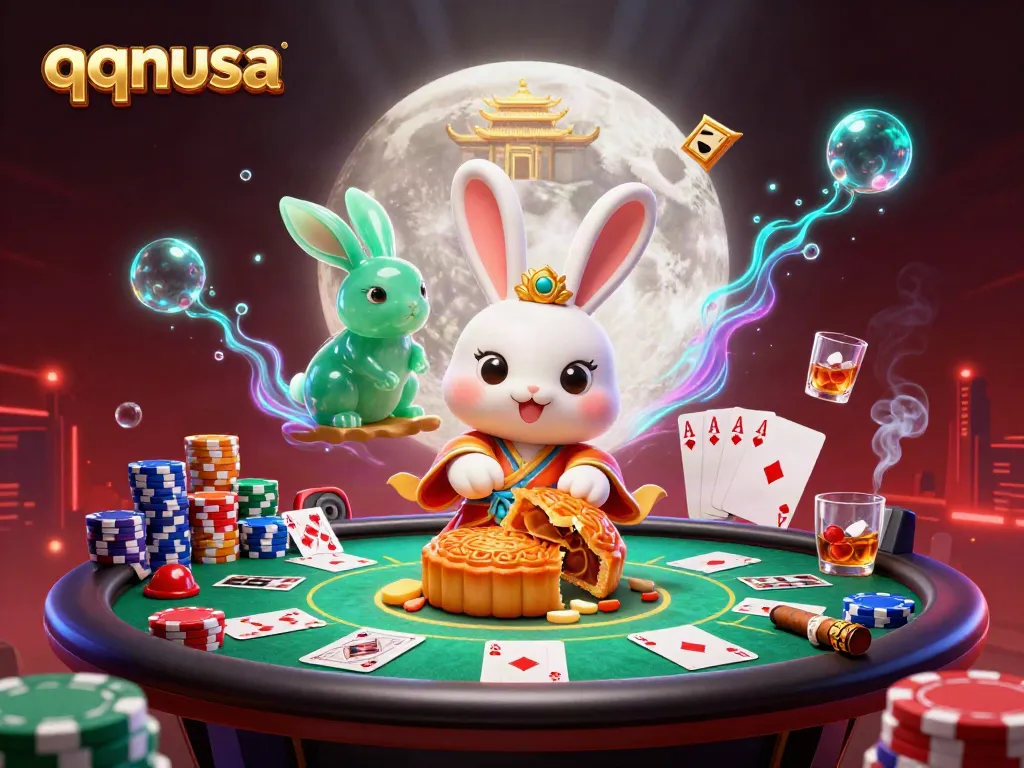 Experience the thrill of qqnusa with a moon rabbit pounding mooncakes revealing poker chips.