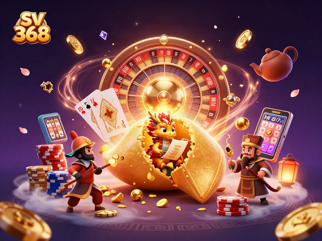 Experience the thrill of sv 368 with a vibrant illustration of a golden fortune cookie amid casino excitement.