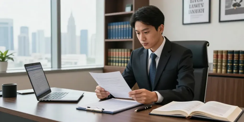 Travel Ban Lawyer Dubai consulting a client in a modern office setting, surrounded by legal documents and Dubai skyline.