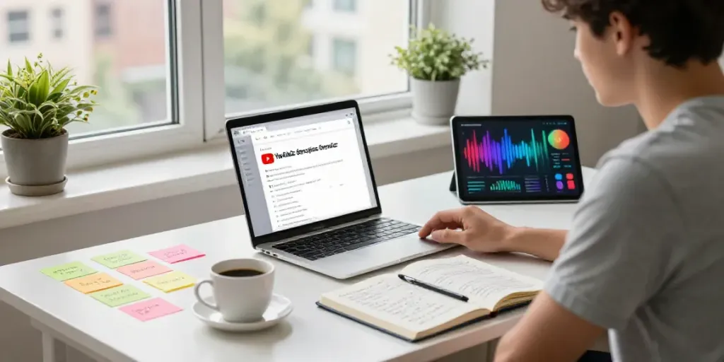 how to write YouTube descriptions with AI in a modern content creation workspace