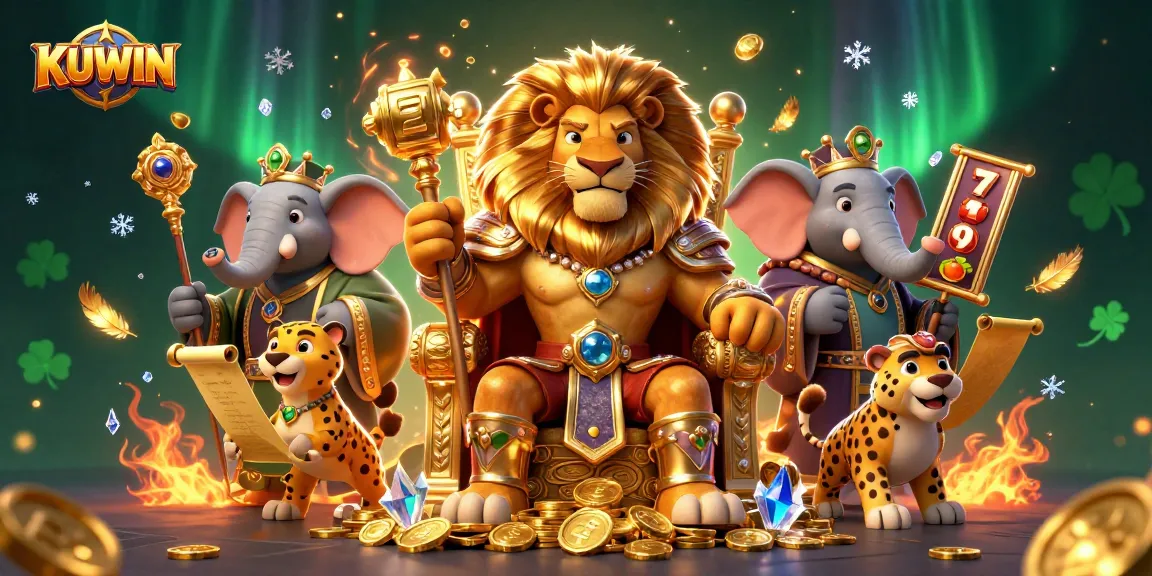 KUWIN lion king on a golden throne with vibrant casino elements, enhancing the online gaming experience.