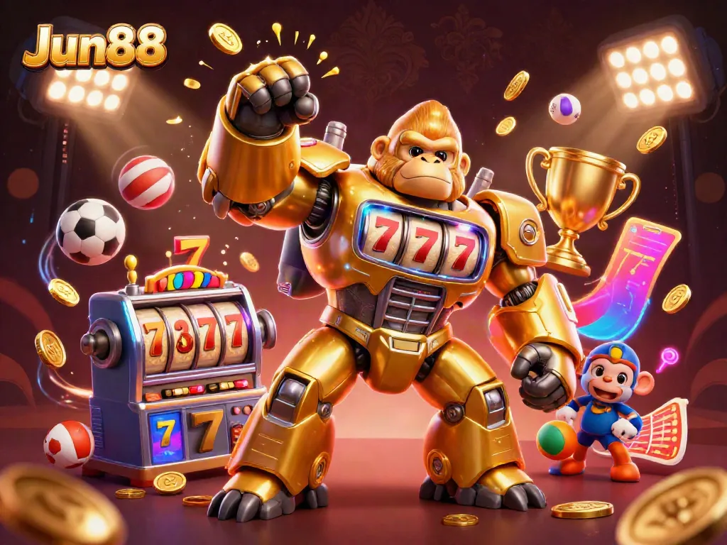 Enjoy thrilling slots action with Jun88's golden gorilla mech amidst flying sports elements and dazzling casino visuals.