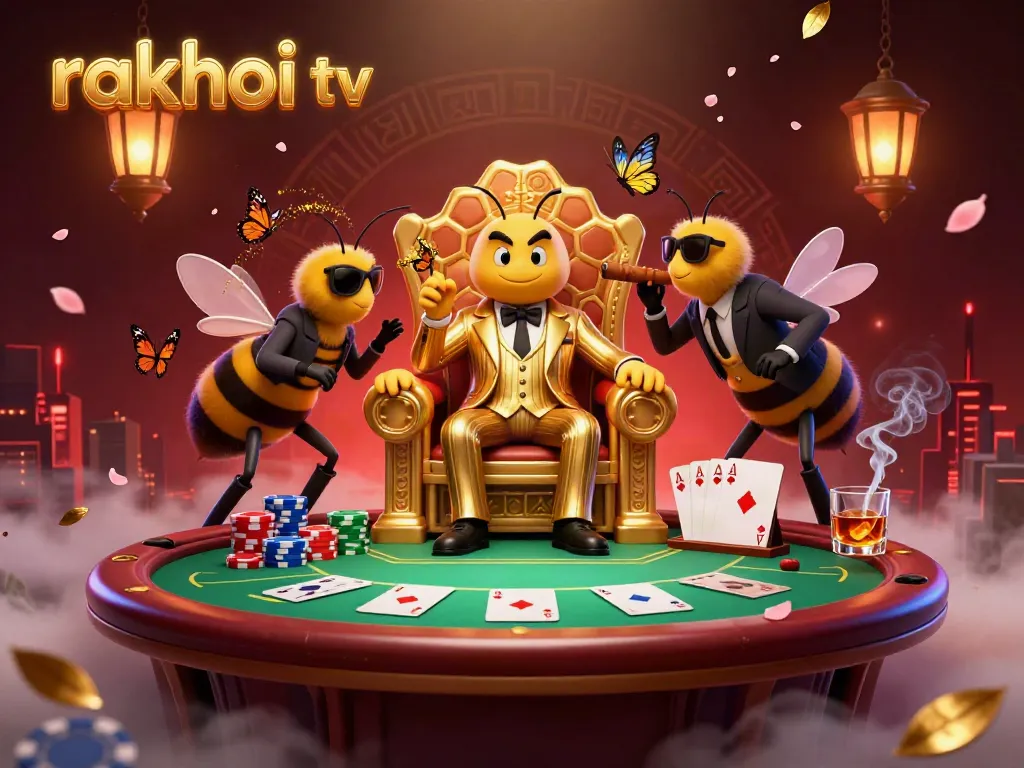 Experience the excitement of rakhoi tv with a 3D illustration of a bumblebee mob boss amidst colorful poker elements and vibrant imagery.