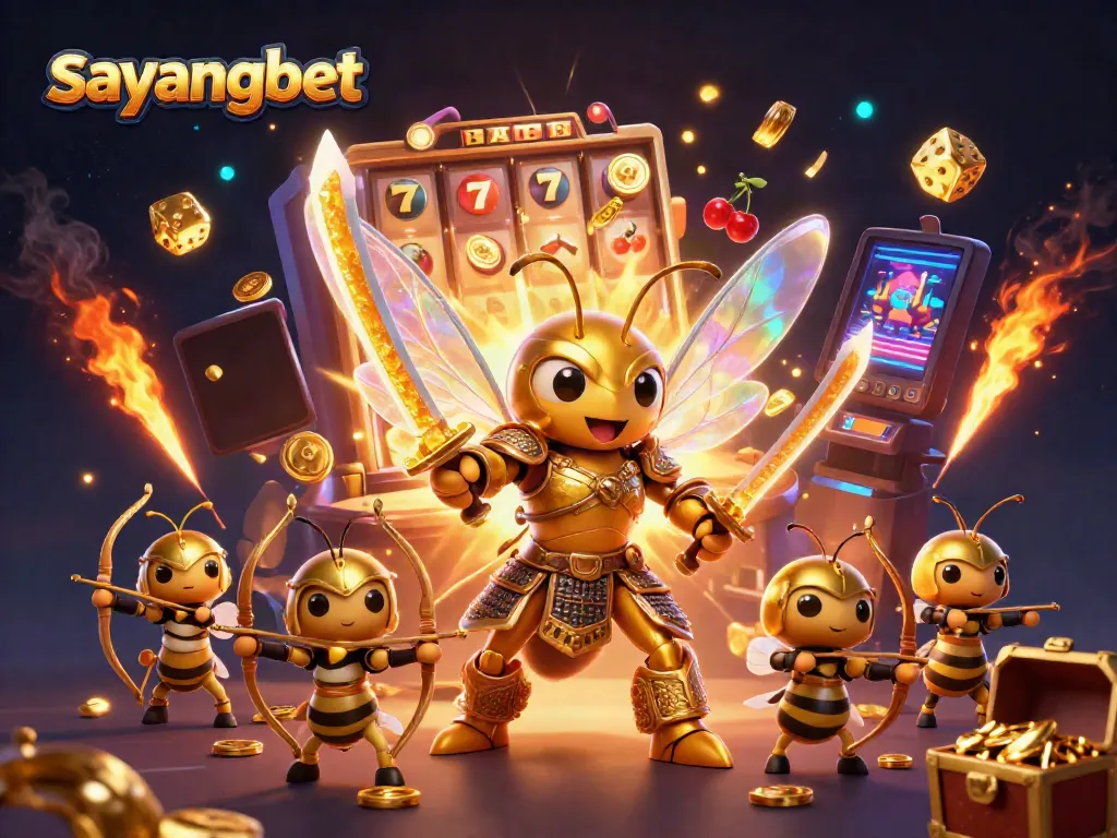 Experience excitement with sayangbet, featuring a giant golden hornet samurai and vibrant slot machine elements.