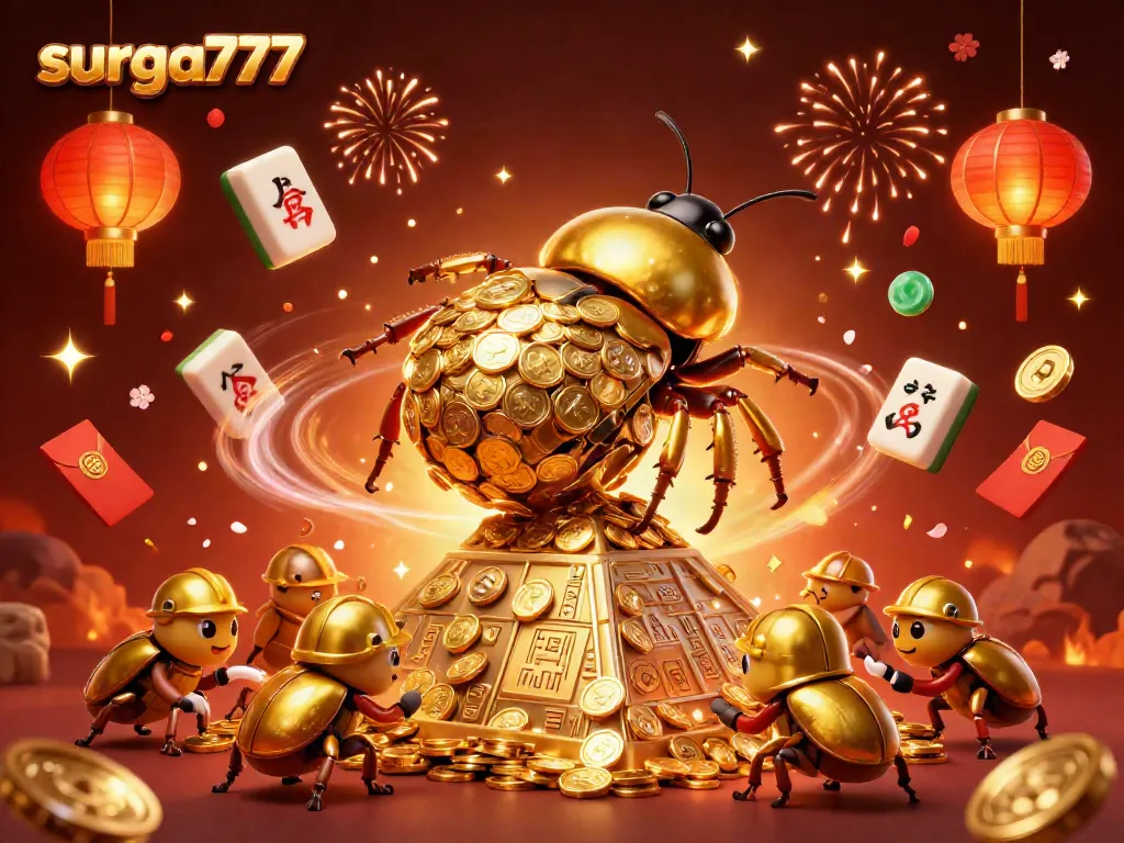 Experience the thrill of surga777 with a golden beetle rolling coins and vibrant casino elements.