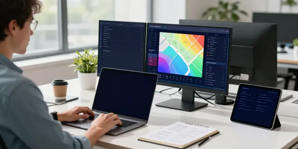 Data analyst working with the Google Maps scraping tool by Outscraper in a modern office setup.