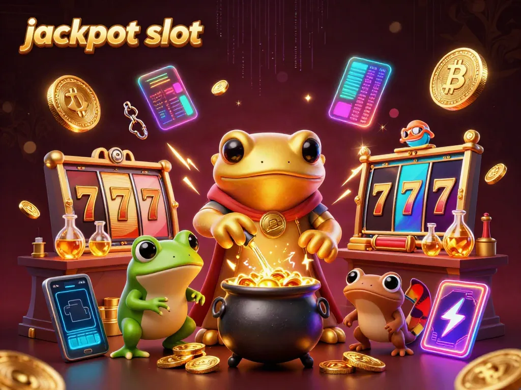 Experience thrilling jackpot slots with a whimsical 3D alchemist scene, full of vibrant gaming elements.