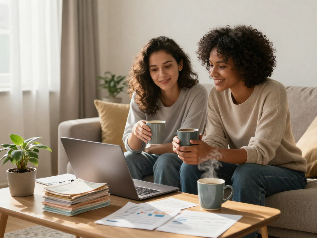 Couple discussing credit consolidation strategies in a cozy living room.