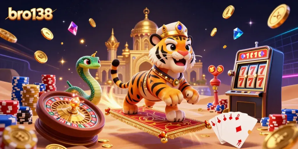 Experience thrilling wins with bro138 in this vibrant casino-themed illustration featuring 3D characters and dynamic game elements.