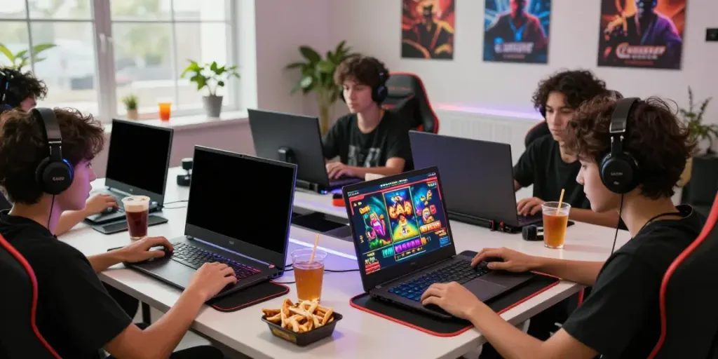 Players enjoying PESGSLOT online gaming on various devices in a vibrant room, showcasing an exciting gaming atmosphere.