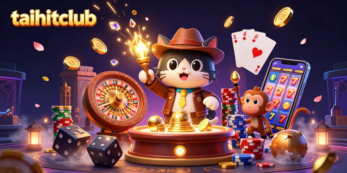 Engage with the taihitclub adventure featuring a cat explorer discovering casino treasures amid a vibrant gambling scene.